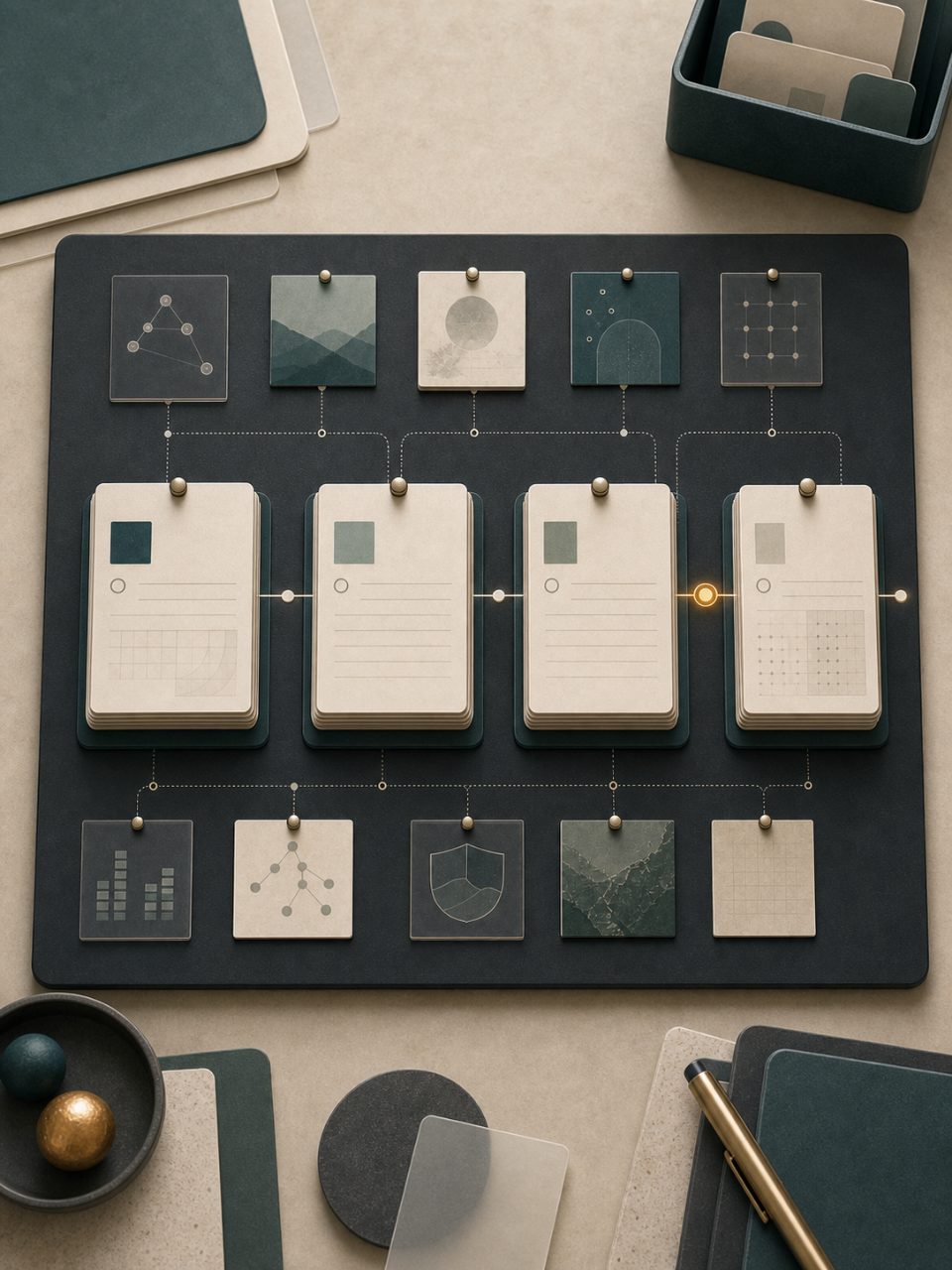 Abstract durable state ledger with evidence cards feeding a persistent validation record