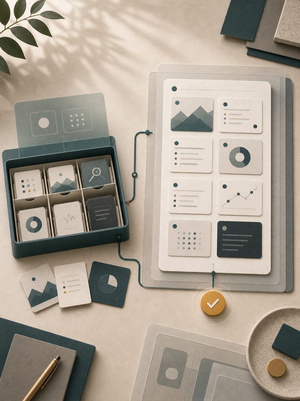 Abstract evidence collection kit feeding intake cards into a discovery output board