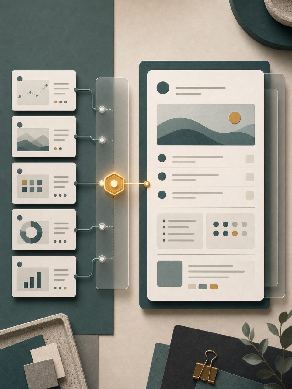 Abstract provenance trail connecting evidence cards to a structured recommendation brief