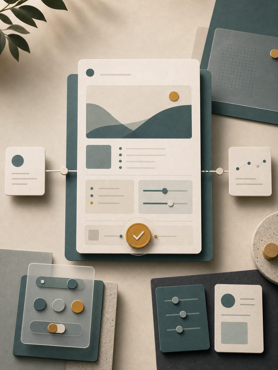 Abstract founder-controlled approval checkpoint pausing a recommendation brief for review
