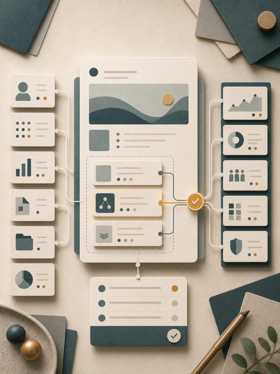 Abstract founder tool and context cards feeding evidence route choices into a validation plan