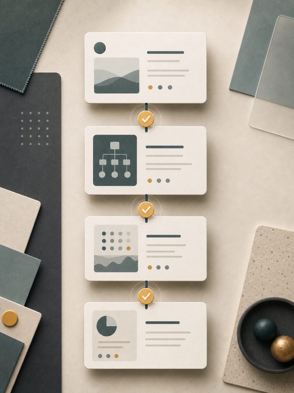 Abstract staged discovery workflow connecting brief, plan, evidence, and output cards