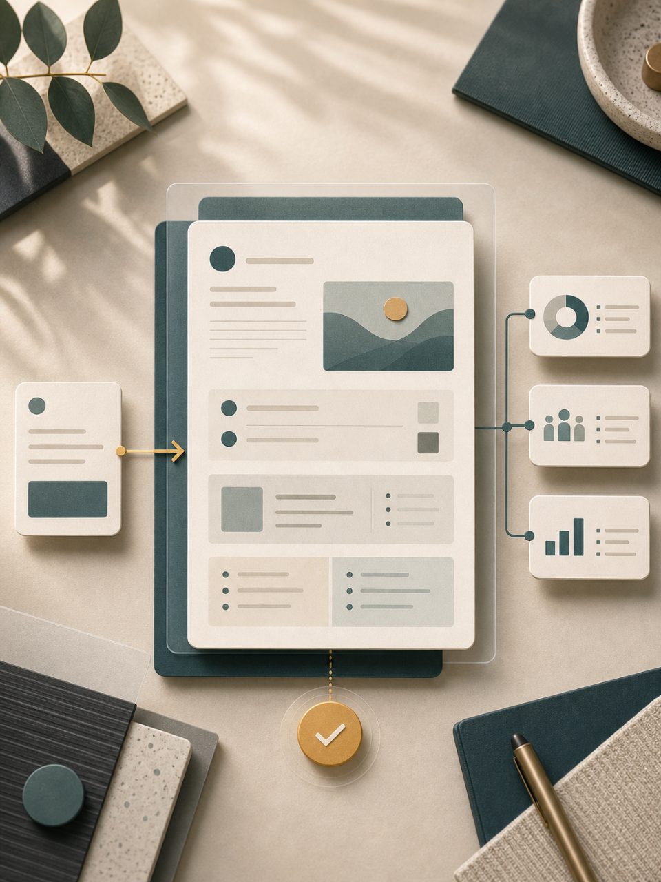 Abstract founder idea card becoming a reviewed structured validation brief