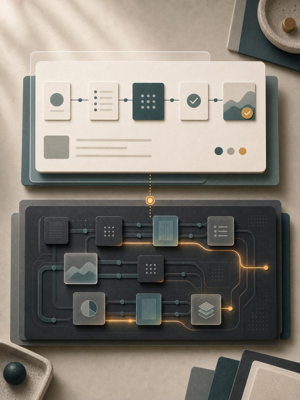 Abstract stable founder workflow card sitting above improved internal runtime rails